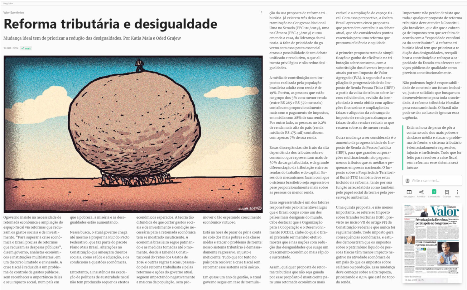 Artigo do jornal Valor Econômico sobre a reforma tributária e desigualdade no Brasil.
